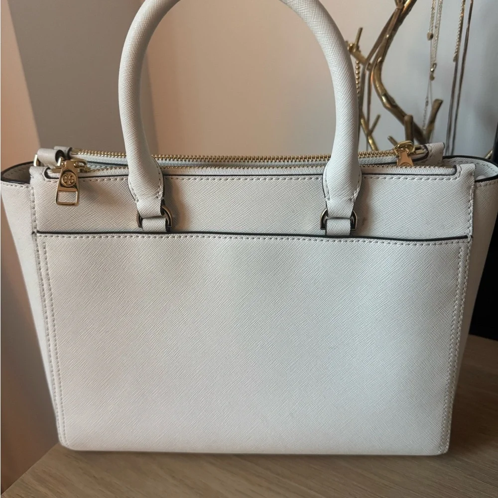 Tory Burch White Saffiano Leather Double Zip Handbag Satchel Crossbody